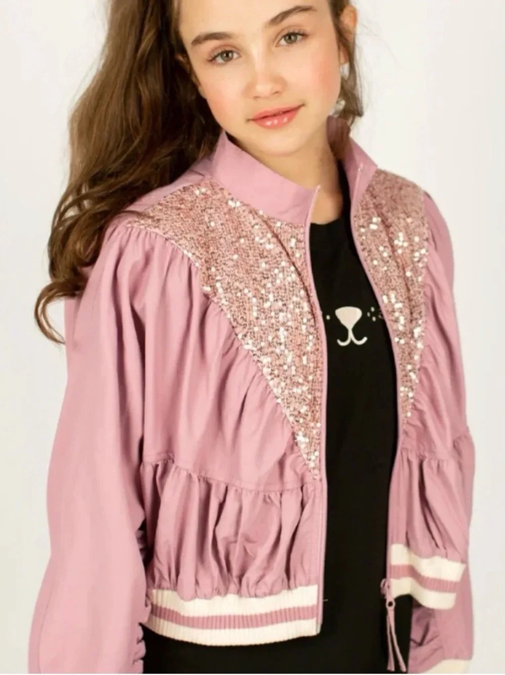 Joyfolie Dusty Pink Sequin-Trim Bomber Jacket